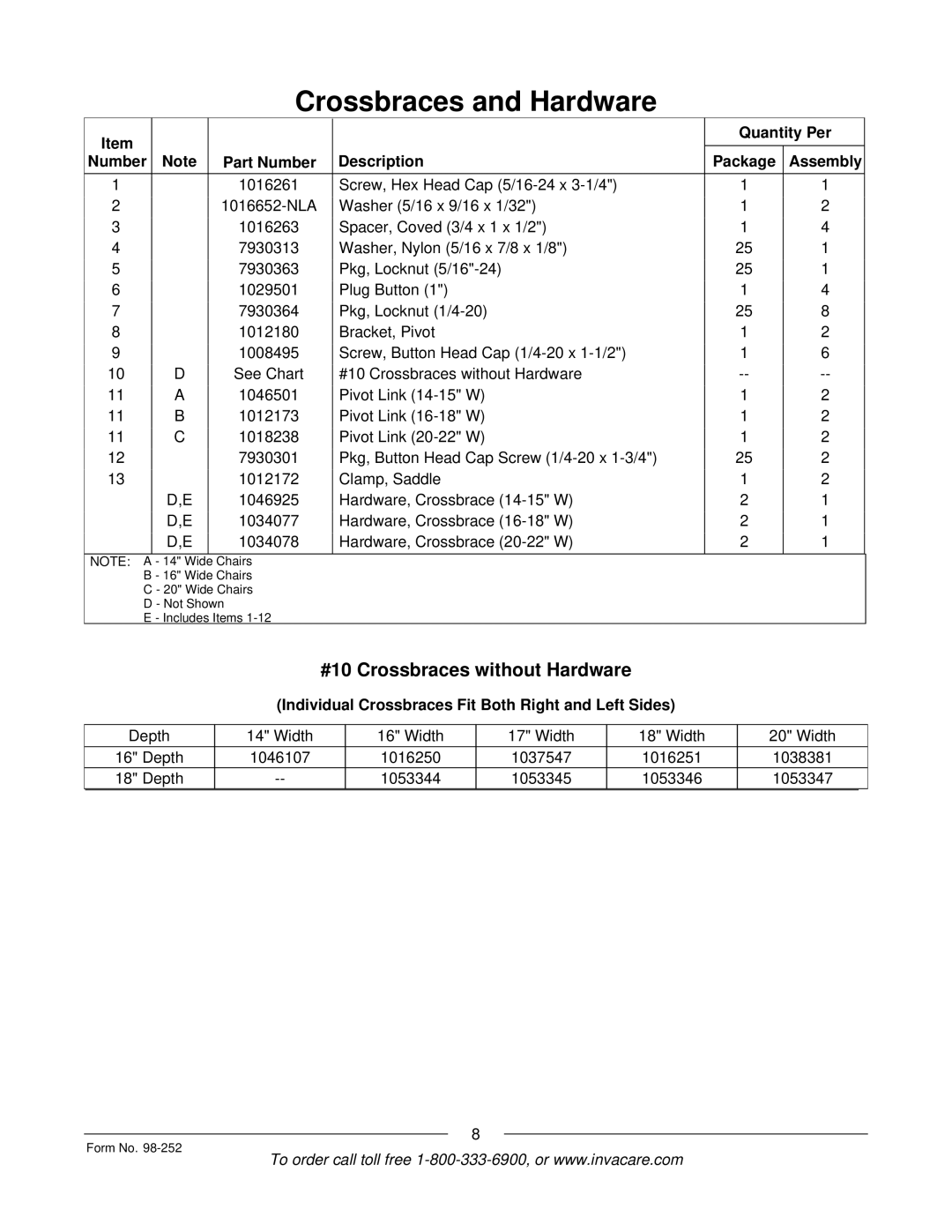 Invacare Patriot SL manual #10 Crossbraces without Hardware, Individual Crossbraces Fit Both Right and Left Sides 