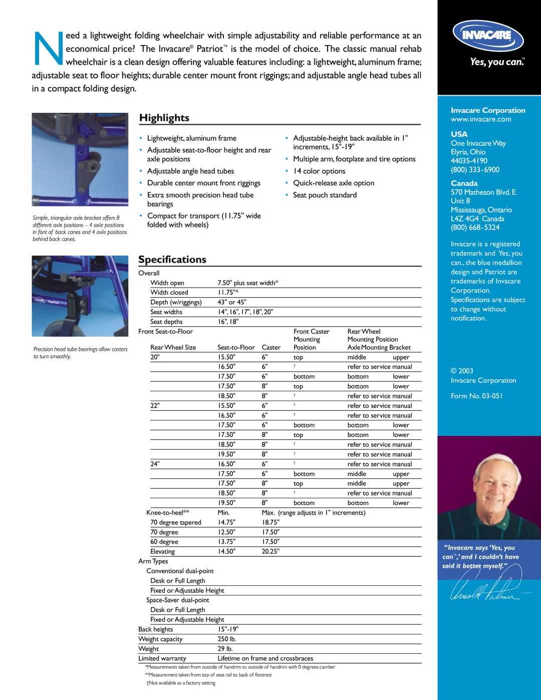 Invacare Patriot Wheelchair manual Highlights, Specifications, Invacare Corporation, Usa, Canada 