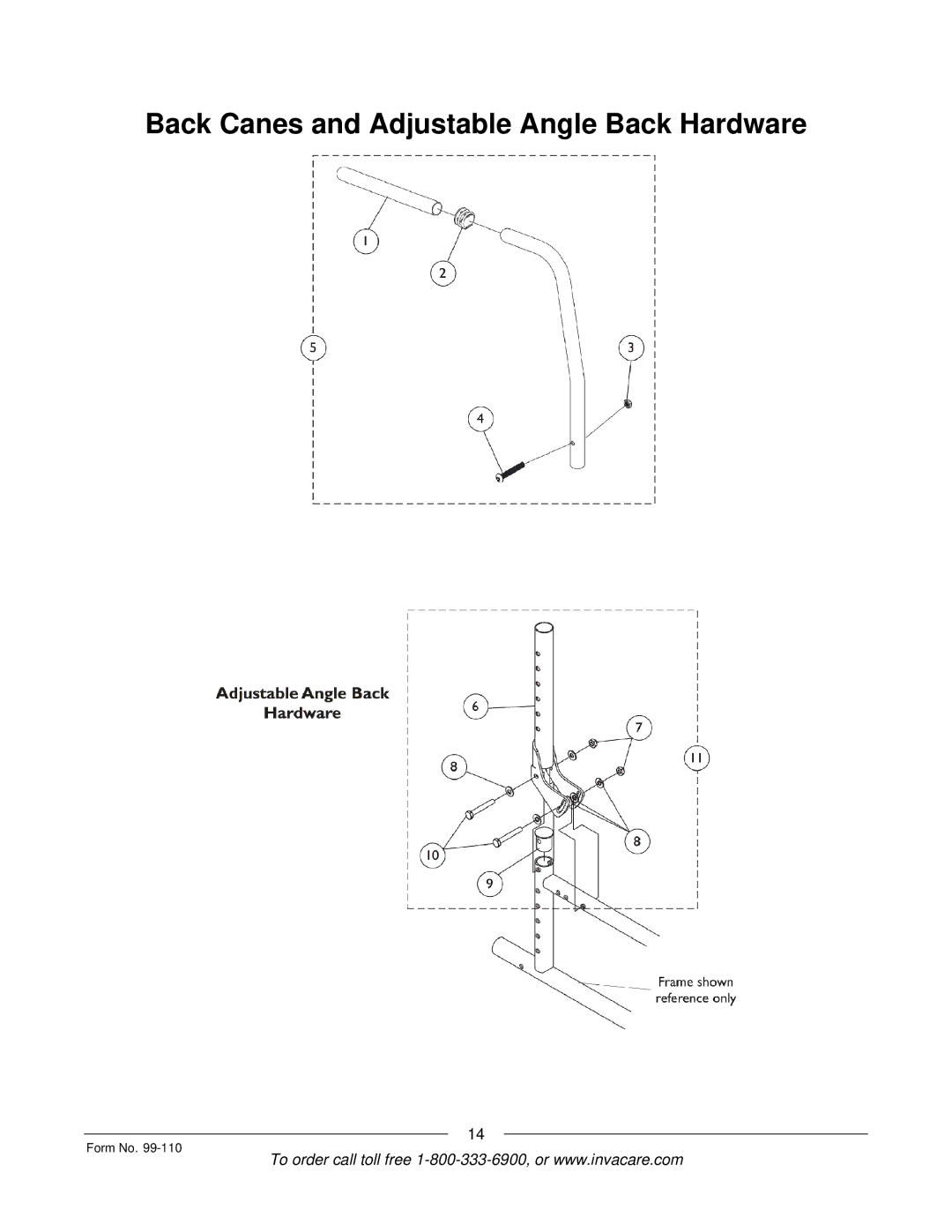 Invacare PatriotTM manual Back Canes and Adjustable Angle Back Hardware 