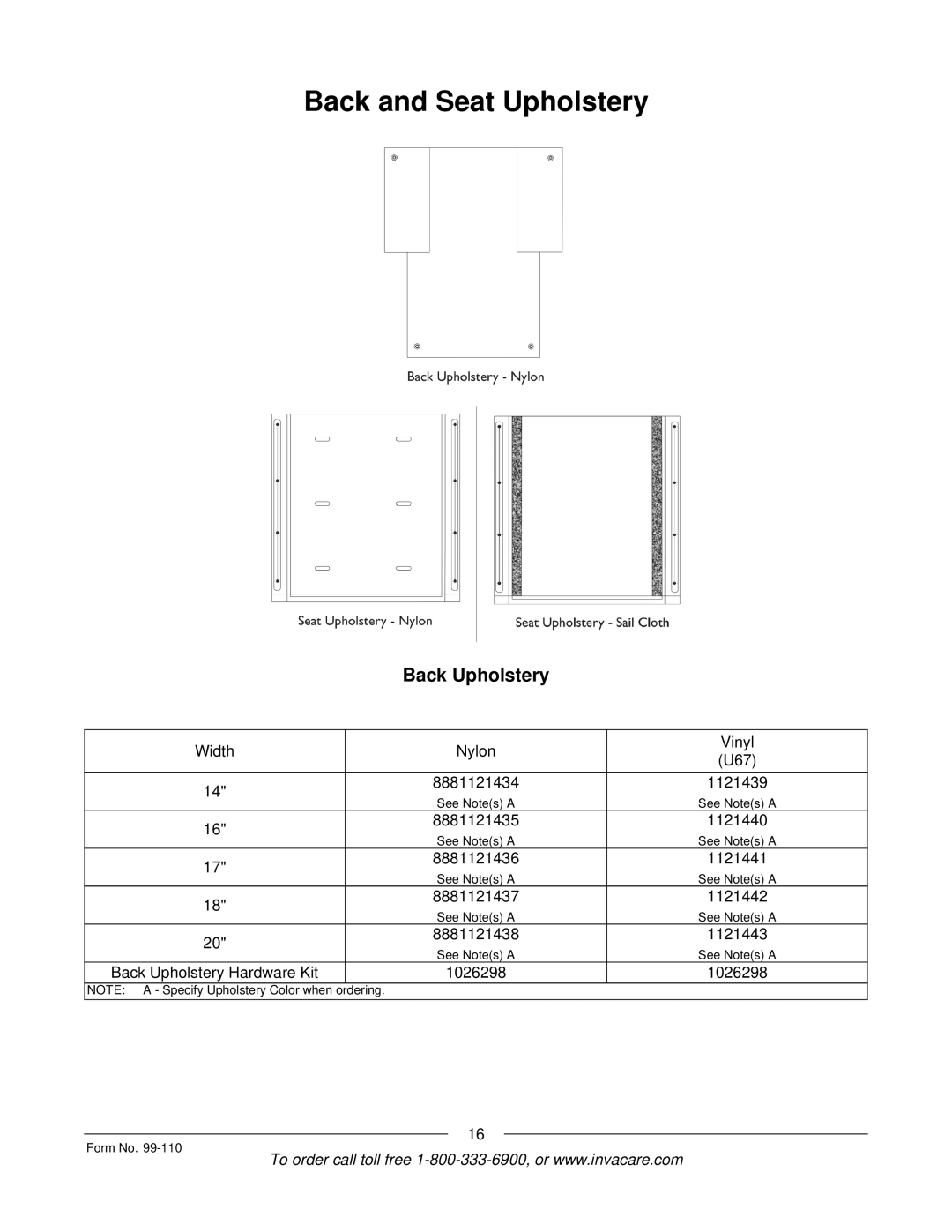 Invacare PatriotTM manual Back and Seat Upholstery, Back Upholstery 