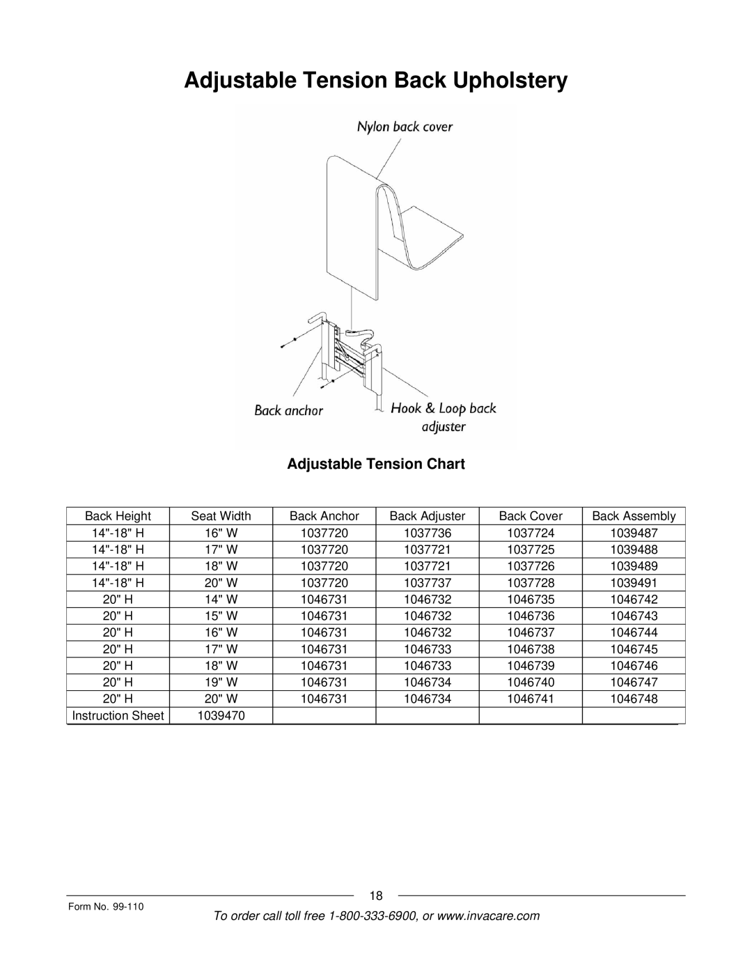 Invacare PatriotTM manual Adjustable Tension Back Upholstery, Adjustable Tension Chart 