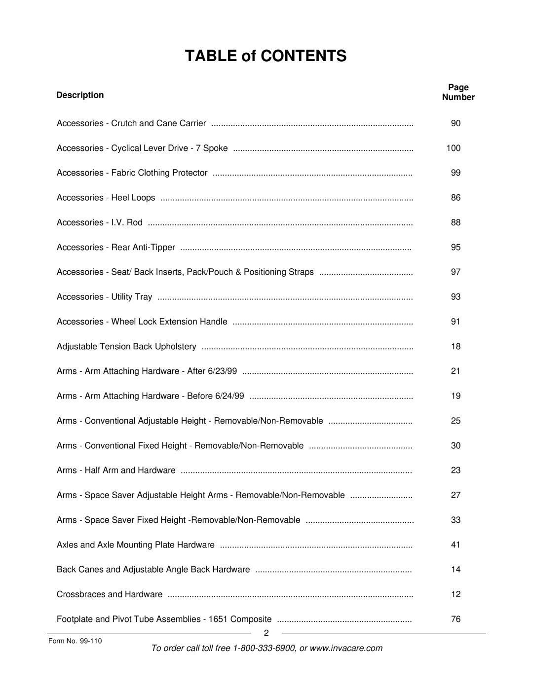 Invacare PatriotTM manual Table of Contents 