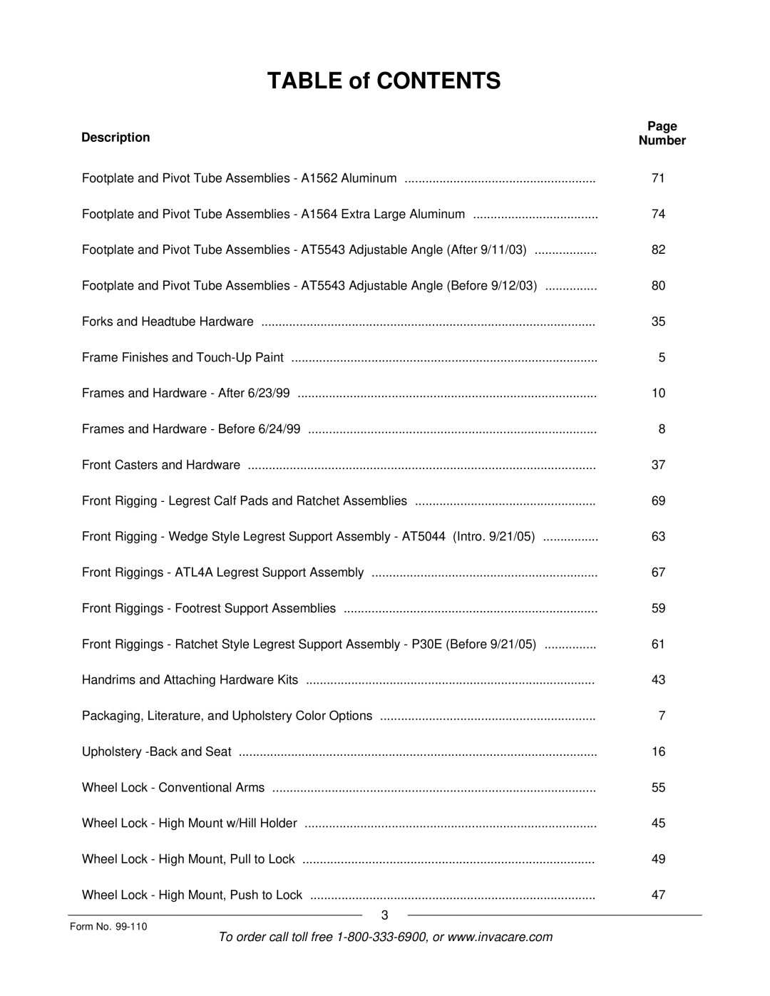 Invacare PatriotTM manual Table of Contents 