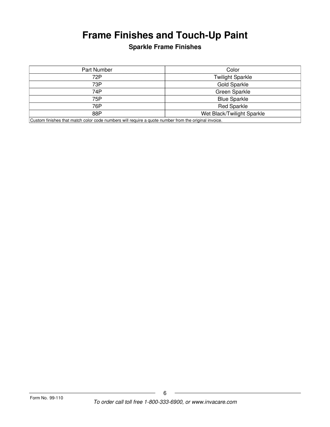 Invacare PatriotTM manual Sparkle Frame Finishes 