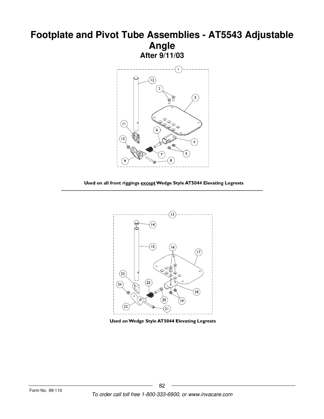 Invacare PatriotTM manual Footplate and Pivot Tube Assemblies AT5543 Adjustable Angle 