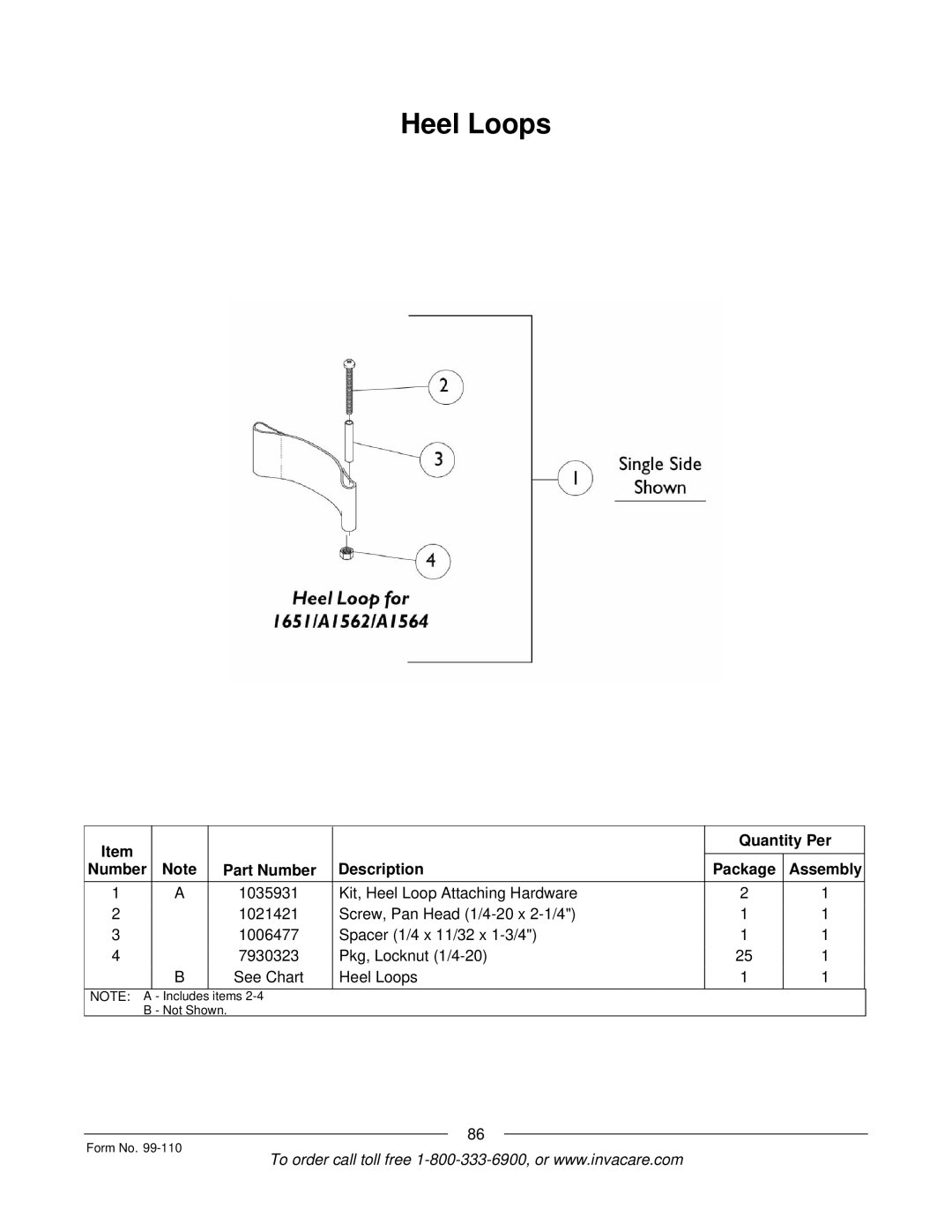 Invacare PatriotTM manual Heel Loops 