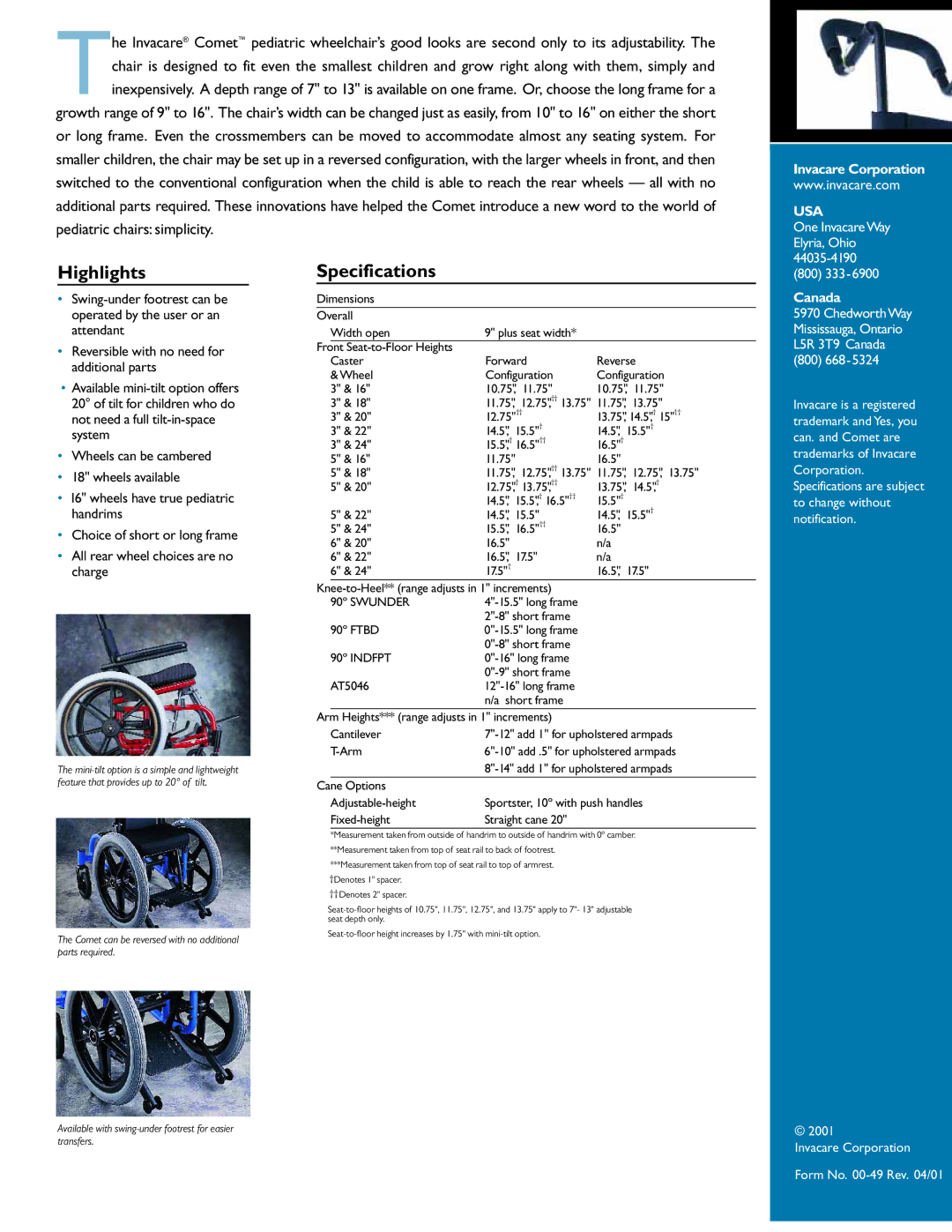 Invacare Pediatric Wheelchair specifications Highlights, Specifications, Invacare Corporation, Canada 