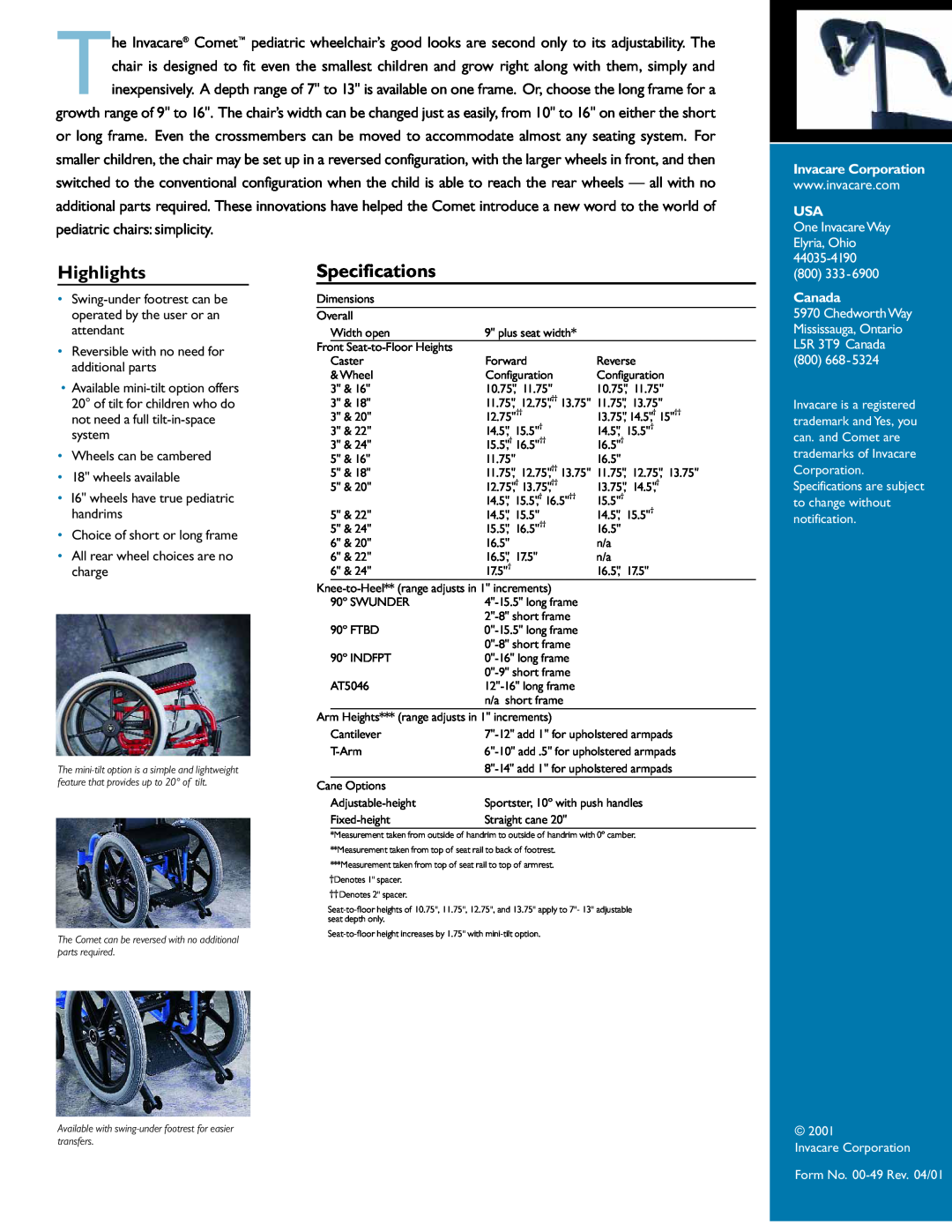 Invacare Pediatric Wheelchair specifications Highlights, Specifications, Invacare Corporation, Canada 