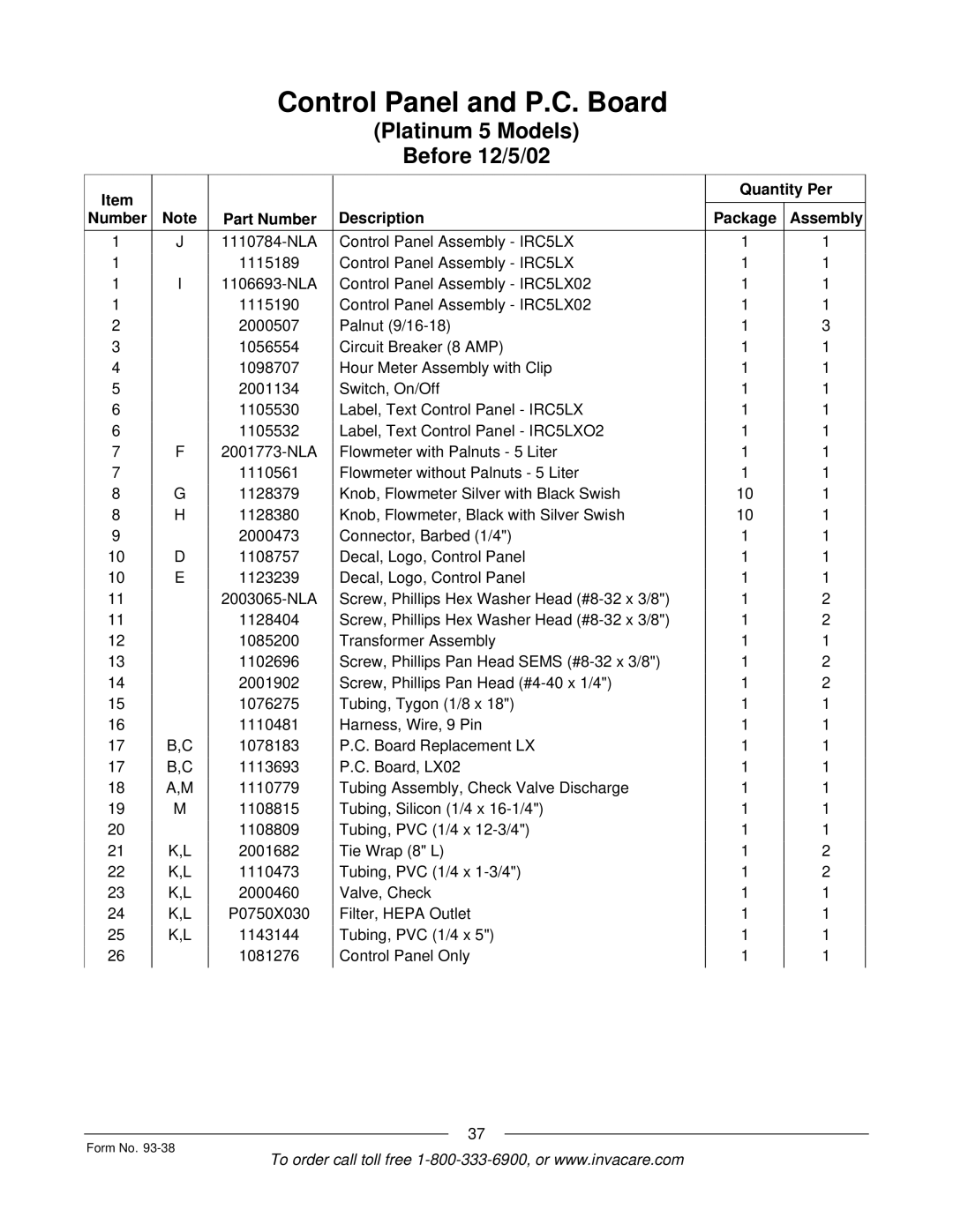 Invacare Perfecto2, PerfectoW, Non Platinum 5LX, 10L manual Quantity Per Number Part Number Description Package Assembly 