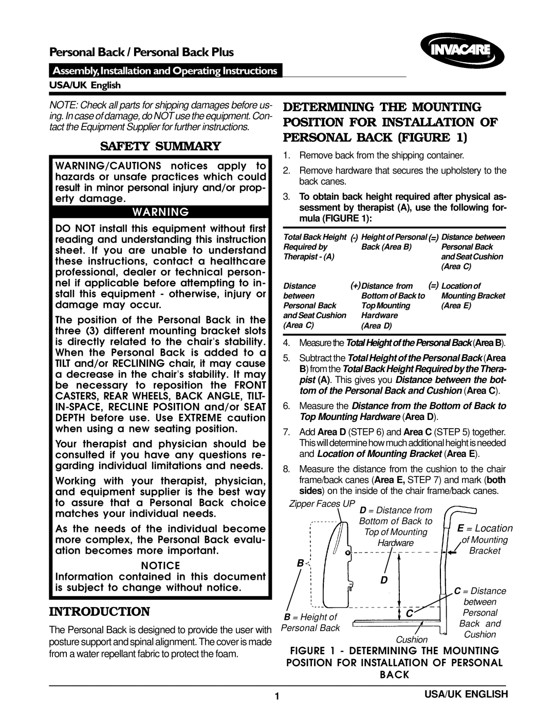 Invacare operating instructions Determining the Mounting, Position for Installation, Personal Back Figure, Introduction 