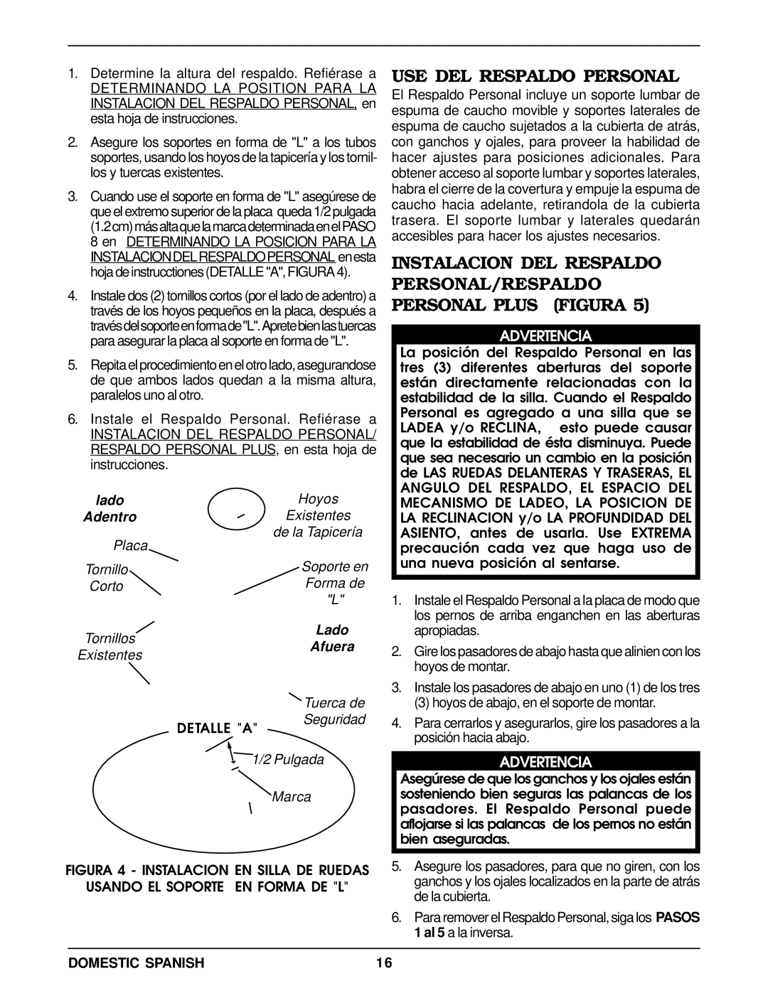 Invacare Personal Back operating instructions USE DEL Respaldo Personal, Lado Adentro 