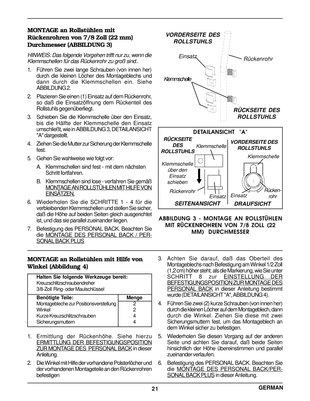 Invacare Personal Back Montage an Rollstühlen mit Hilfe von Winkel Abbildung, Einsatz Rückenrohr Klemmschelle 