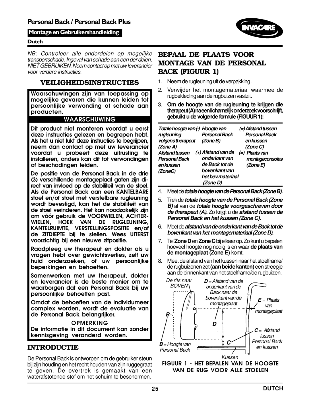 Invacare Personal Back Bepaal DE Plaats Voor, Montage VAN DE Personal, Back Figuur Veiligheidsinstructies, Introductie 