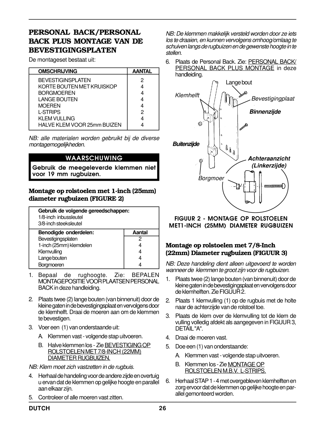 Invacare Personal Back NB Klem moet zich vastzetten in de rugbuis, Klemhelft Bevestigingplaat, Borgmoer, Dutch 