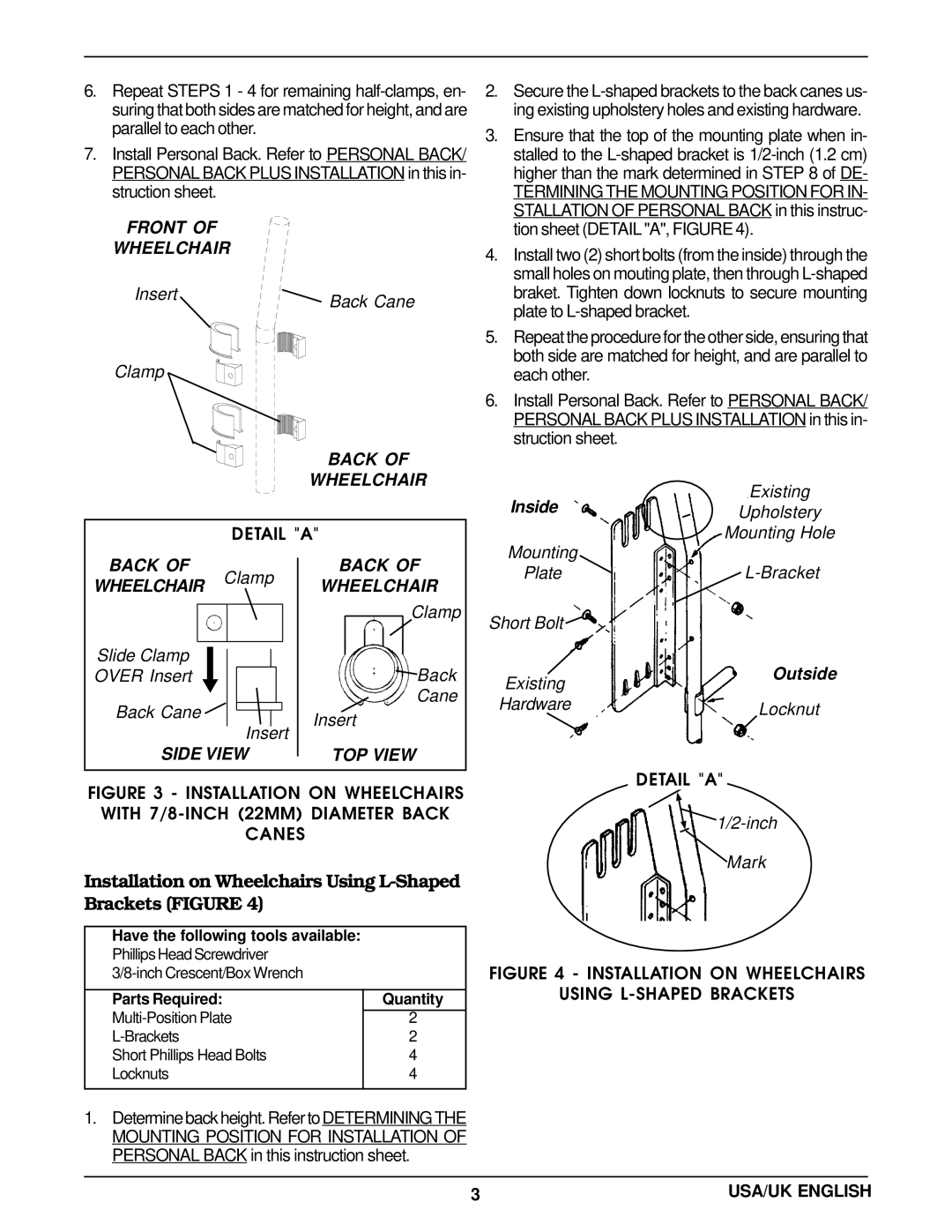 Invacare Personal Back Installation on Wheelchairs Using L-Shaped Brackets Figure, Clamp Wheelchair, Outside 