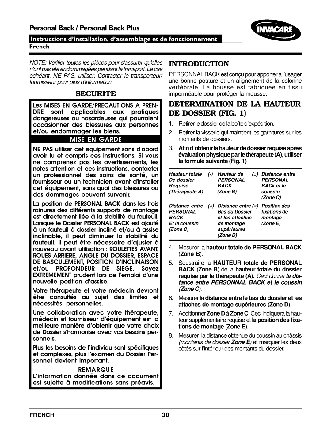 Invacare Personal Back operating instructions Securite, Determination DE LA Hauteur DE Dossier FIG, Mise EN Garde, French 