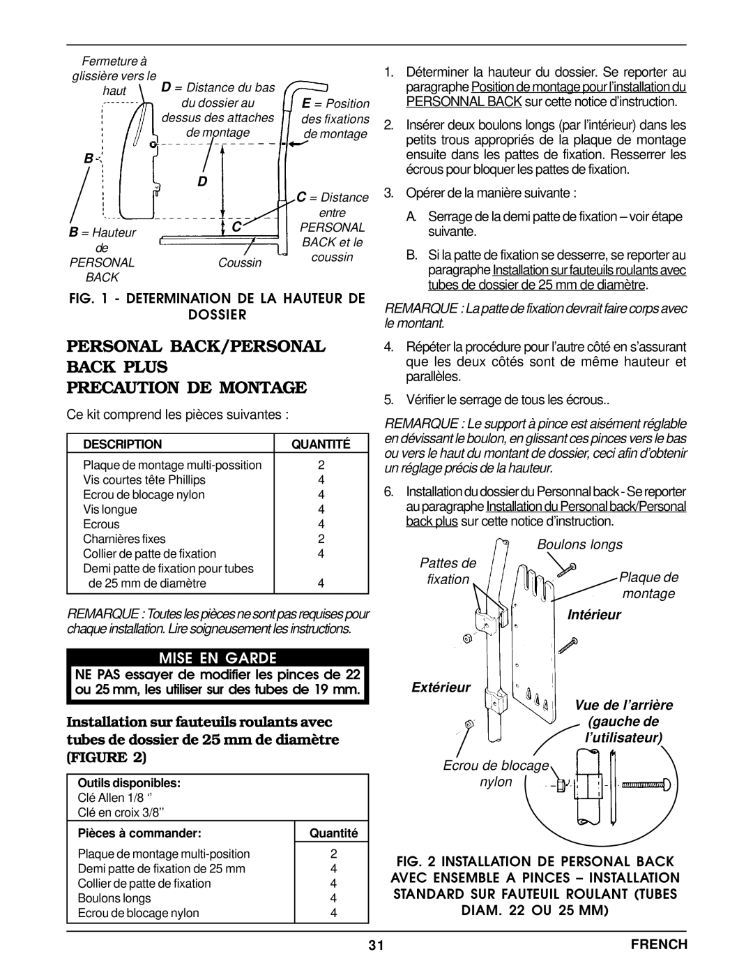 Invacare Personal Back Personal BACK/PERSONAL Back Plus Precaution DE Montage, Ce kit comprend les pièces suivantes 