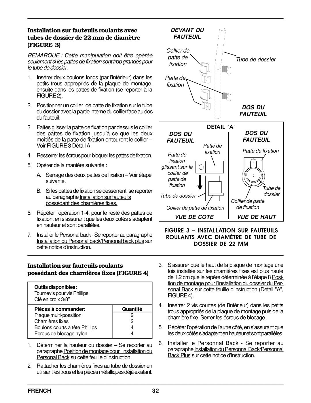 Invacare Personal Back operating instructions Collier de Patte deTube de dossier fixation Fixation 