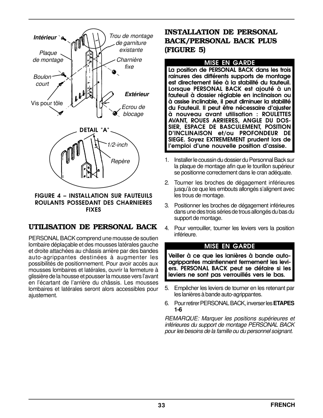 Invacare operating instructions Installation DE Personal BACK/PERSONAL Back Plus Figure, Utilisation DE Personal Back 