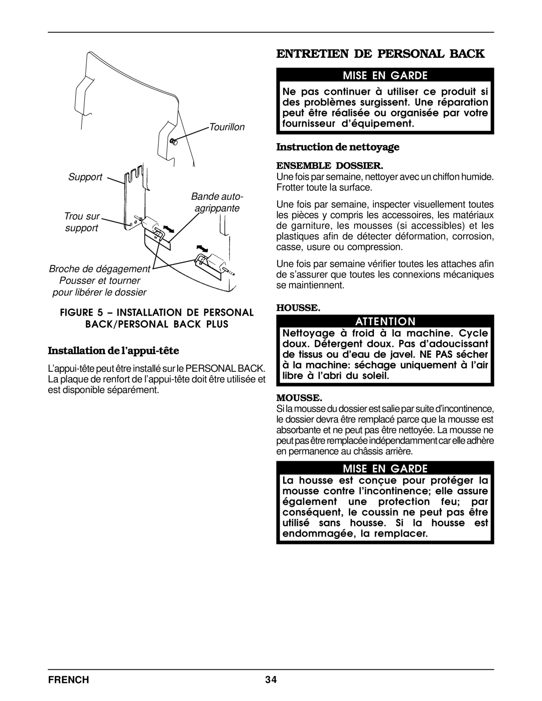 Invacare Entretien DE Personal Back, Installation de l’appui-tête, Instruction de nettoyage, FRENCH34 