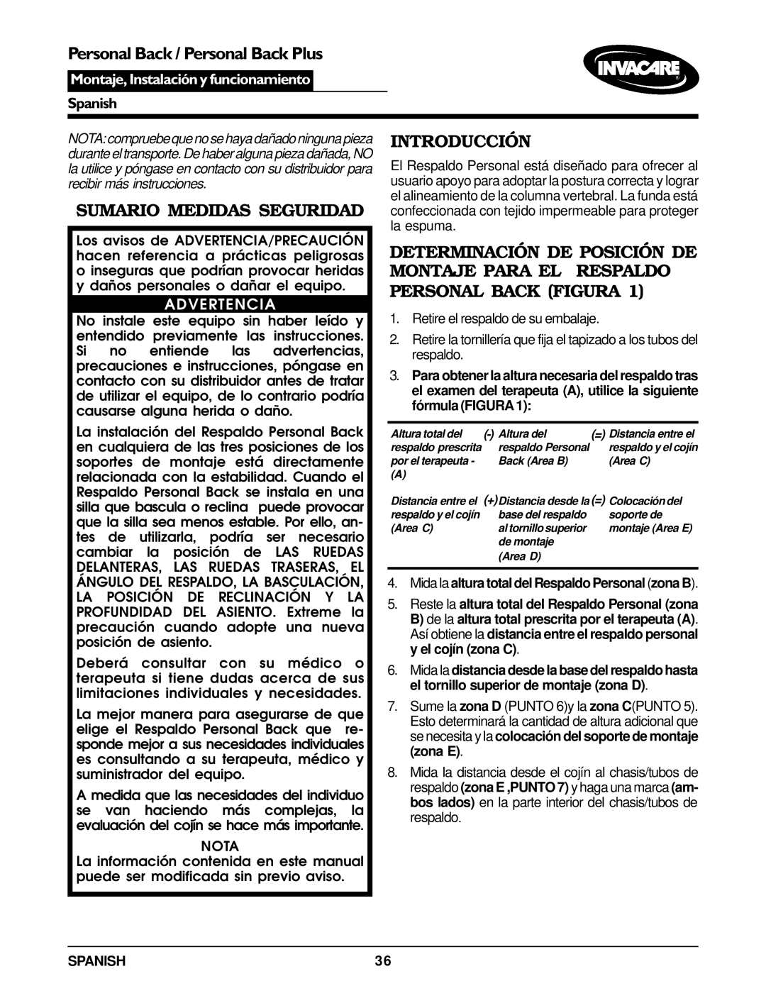 Invacare Personal Back operating instructions Sumario Medidas Seguridad, Introducción, Spanish 