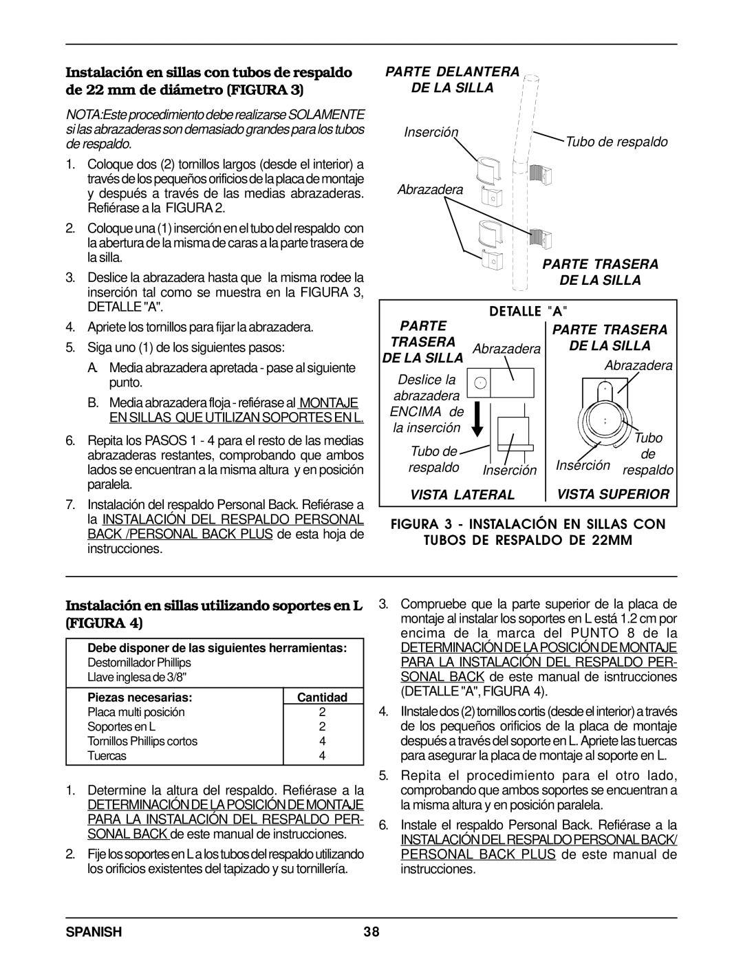 Invacare Personal Back Instalación en sillas utilizando soportes en L Figura, Inserción Tubo de respaldo Abrazadera 