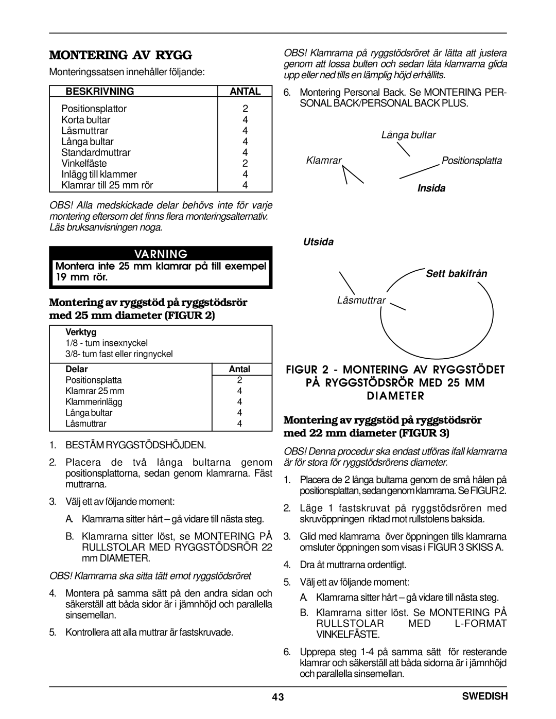 Invacare Personal Back operating instructions Montering AV Rygg, Beskrivning Antal, Insida Utsida Sett bakifrån 