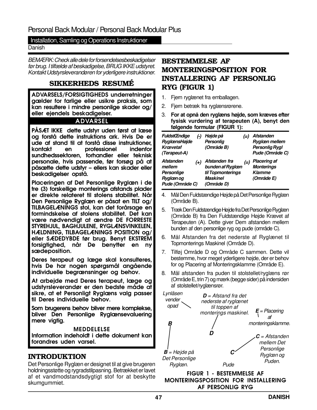 Invacare Personal Back Bestemmelse AF, Monteringsposition for, Sikkerheds Resumé Installering AF Personlig RYG Figur 