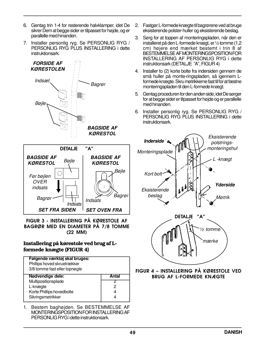 Invacare Personal Back operating instructions Før bøjlen Bøjle, Indsats Bagrør 