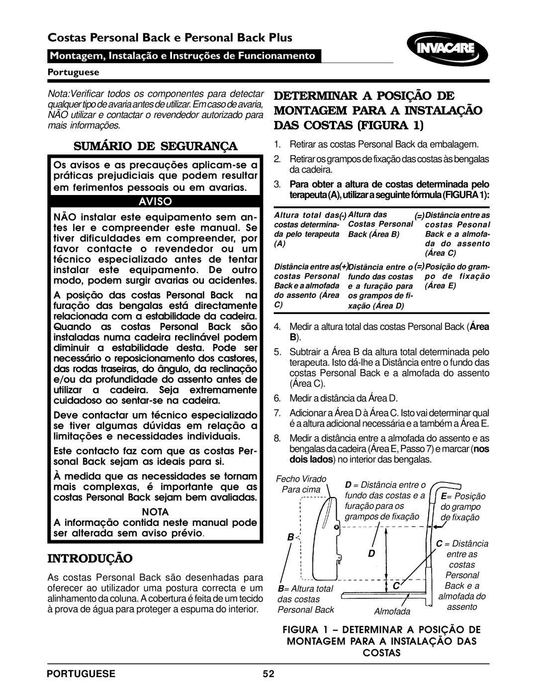 Invacare Personal Back operating instructions Sumário DE Segurança, Introdução, Aviso, Portuguese 