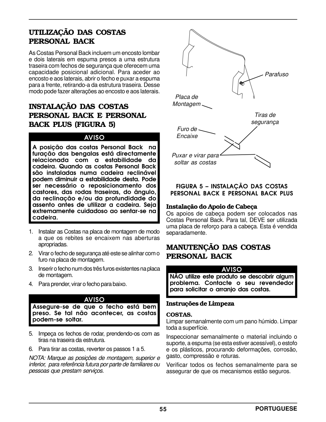 Invacare Utilização DAS Costas Personal Back, Manutenção DAS Costas Personal Back, Instalação do Apoio de Cabeça 