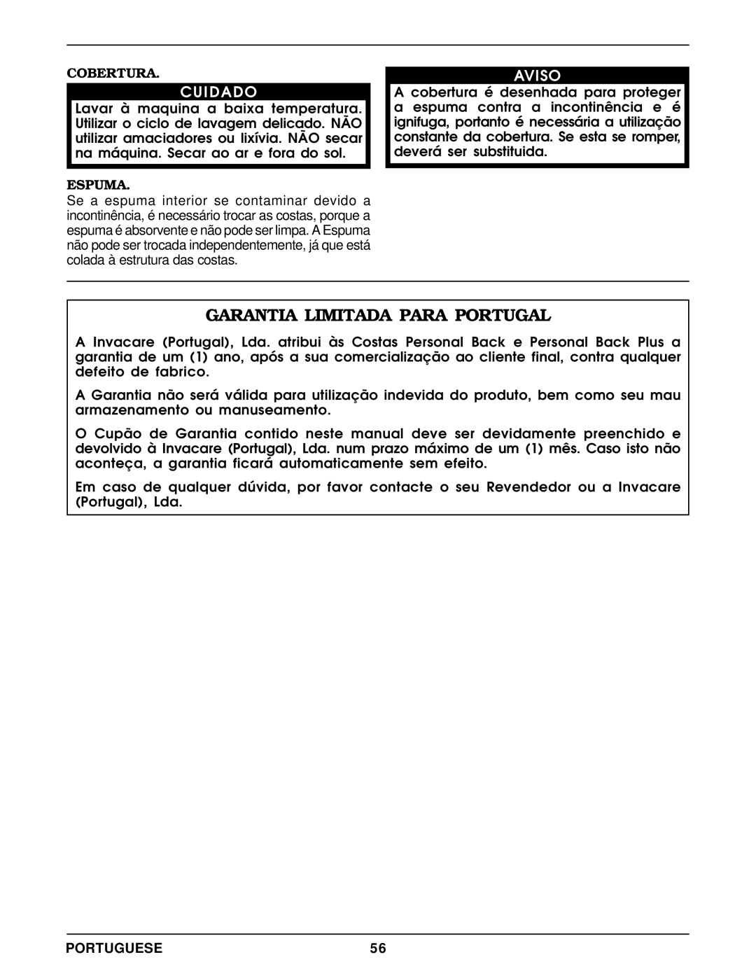 Invacare Personal Back operating instructions Garantia Limitada Para Portugal, Cuidado, Cobertura 