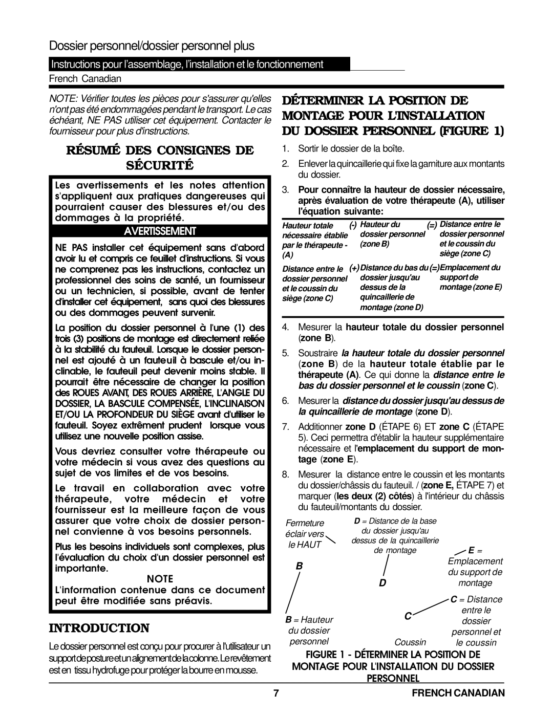 Invacare Personal Back operating instructions French Canadian, Fournisseur pour plus dinstructions 