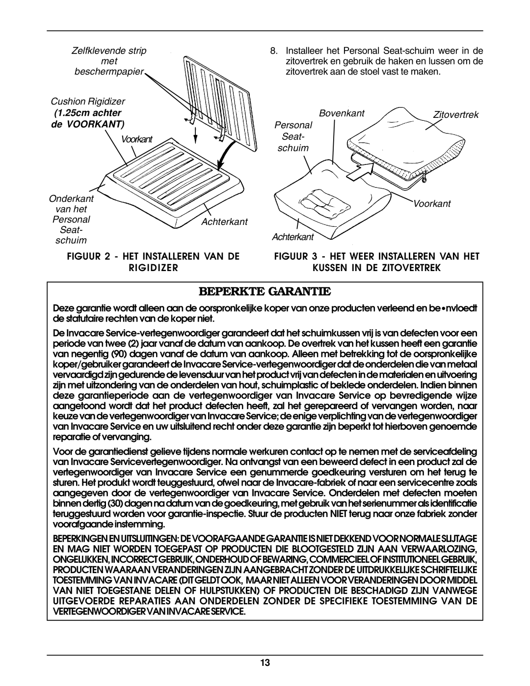 Invacare Personal Seat and Cushion Rigidizer Beperkte Garantie, Zelfklevende strip Met Beschermpapier Cushion Rigidizer 