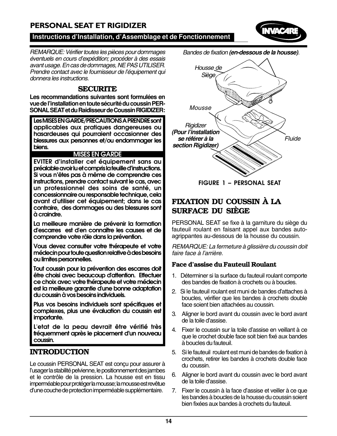 Invacare Personal Seat and Cushion Rigidizer operating instructions Personal Seat ET Rigidizer, Securite, Mises EN Garde 