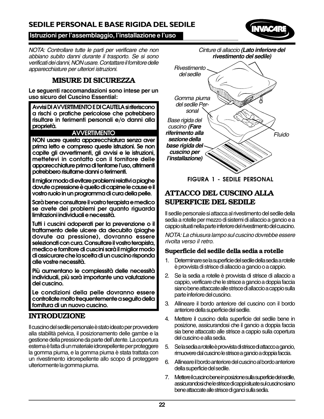 Invacare Personal Seat and Cushion Rigidizer Sedile Personal E Base Rigida DEL Sedile, Misure DI Sicurezza, Introduzione 