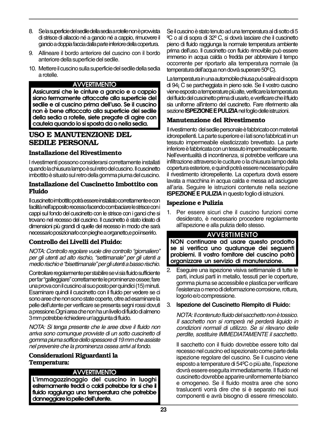 Invacare Personal Seat and Cushion Rigidizer operating instructions USO E Manutenzione DEL Sedile Personal 