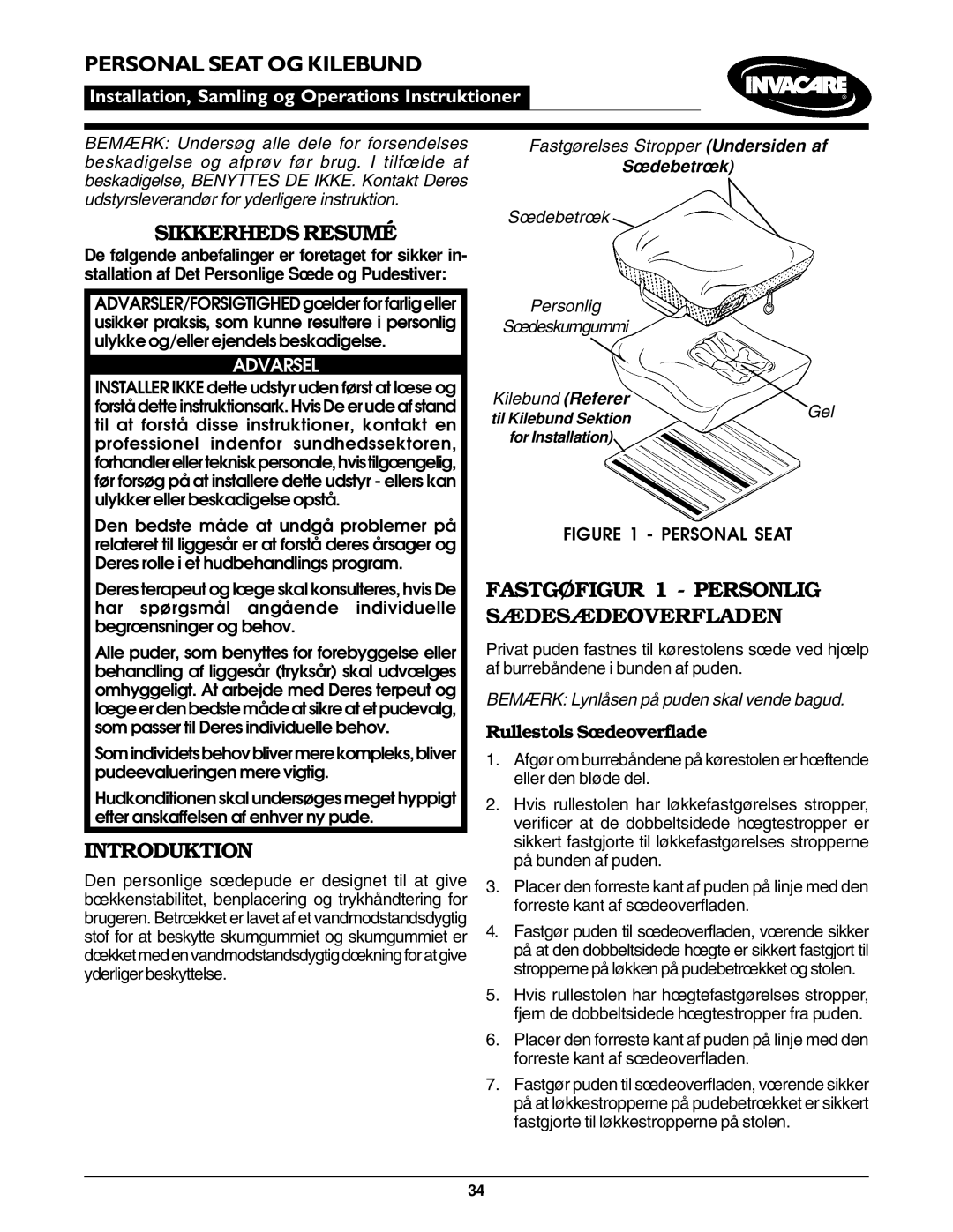 Invacare Personal Seat and Cushion Rigidizer Personal Seat OG Kilebund, Sikkerheds Resumé, Introduktion 