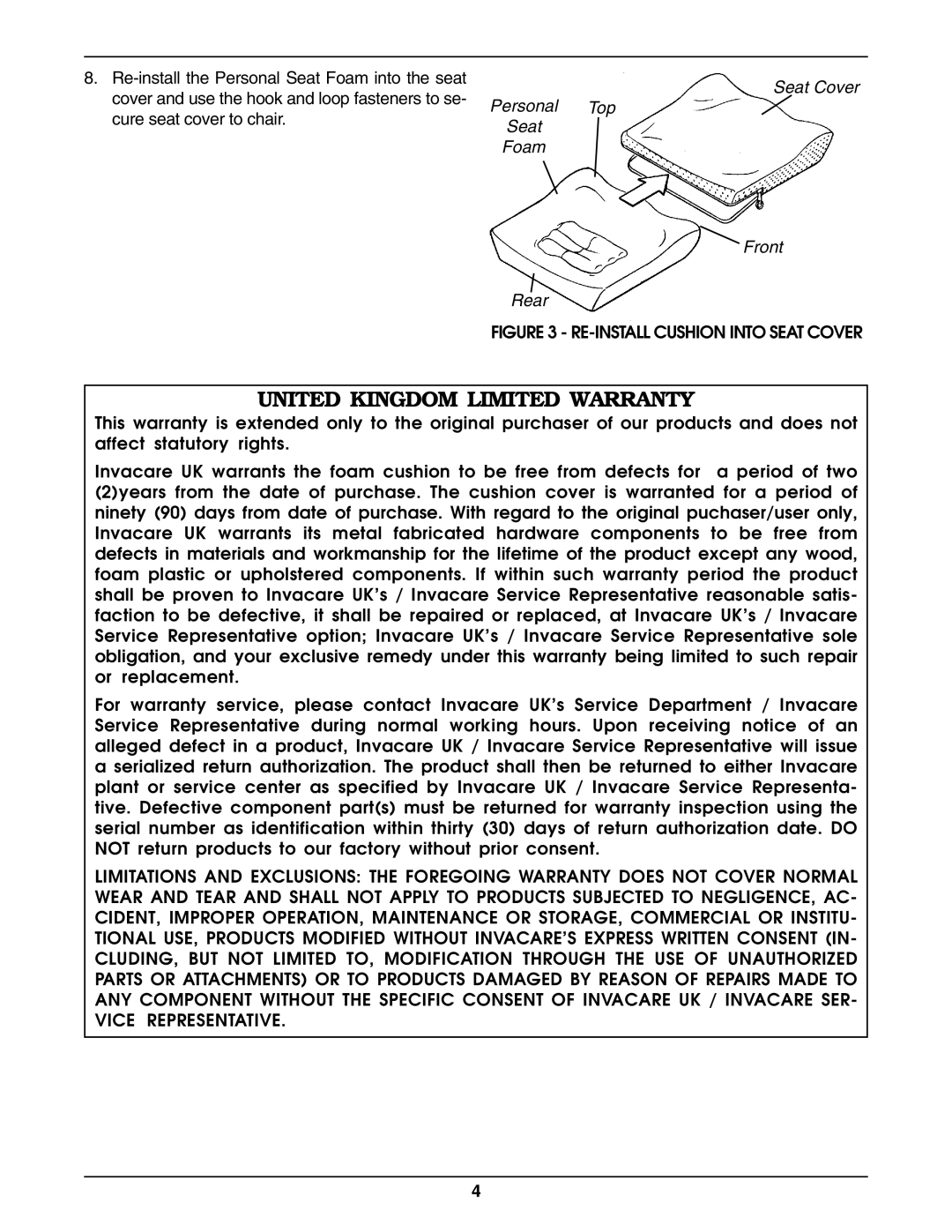 Invacare Personal Seat and Cushion Rigidizer United Kingdom Limited Warranty, Seat Cover Personal Top Foam Front Rear 