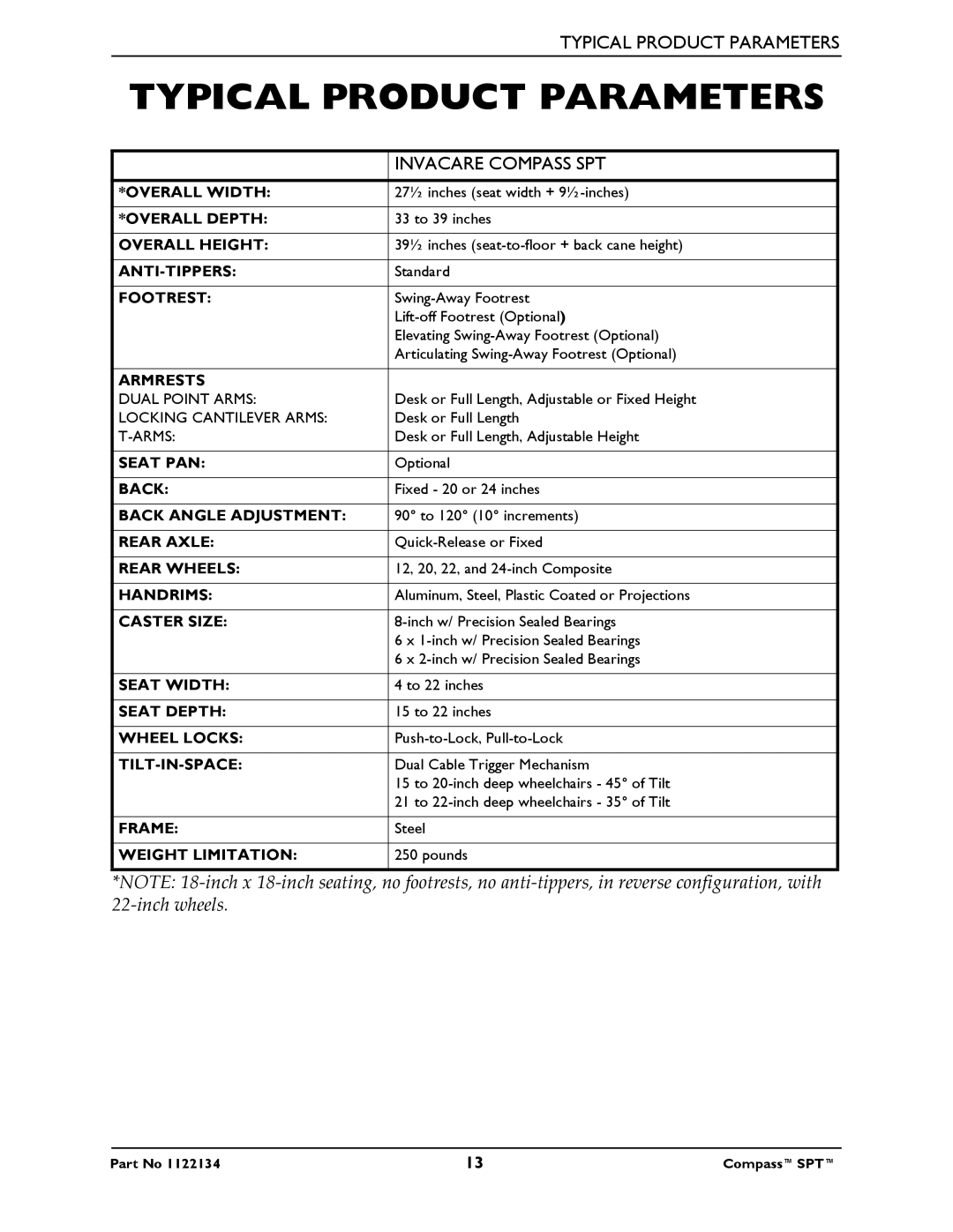 Invacare PHW93, PH904A manual Typical Product Parameters, Invacare Compass SPT 