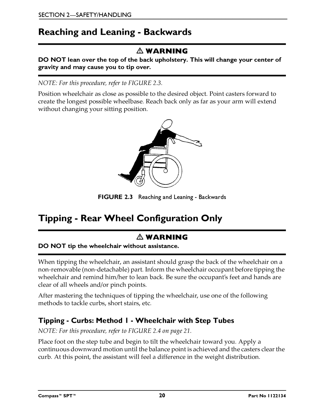 Invacare PH904A, PHW93 manual Reaching and Leaning Backwards, Tipping Rear Wheel Configuration Only 