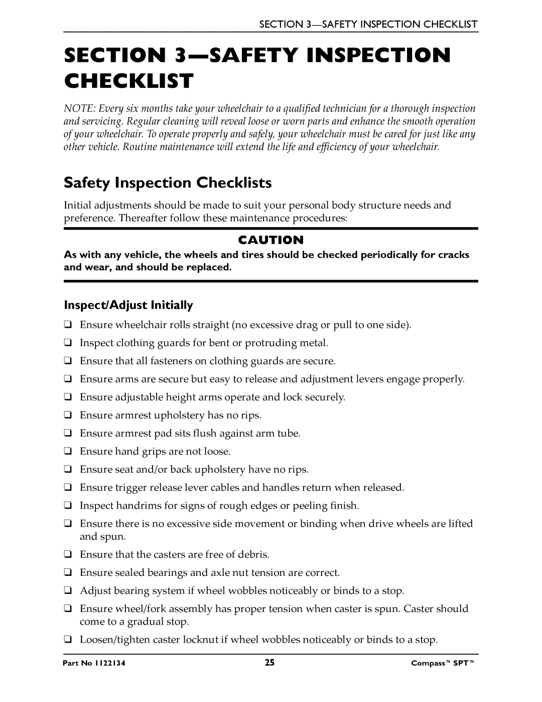 Invacare PHW93, PH904A manual Safety Inspection Checklists, Inspect/Adjust Initially 