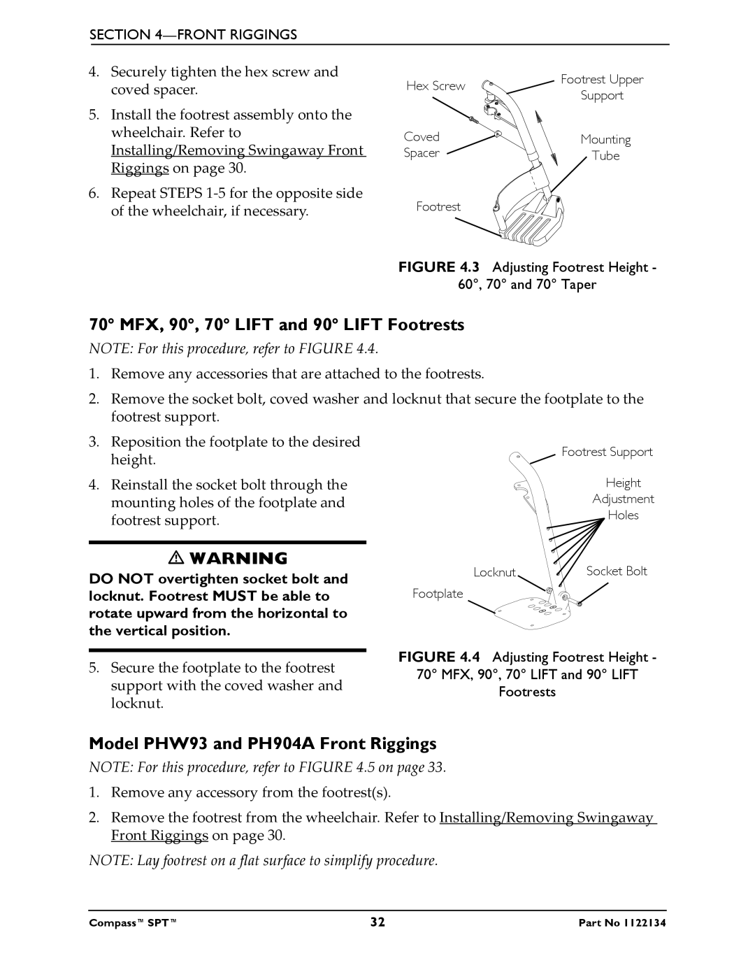 Invacare manual 70 MFX, 90, 70 Lift and 90 Lift Footrests, Model PHW93 and PH904A Front Riggings 