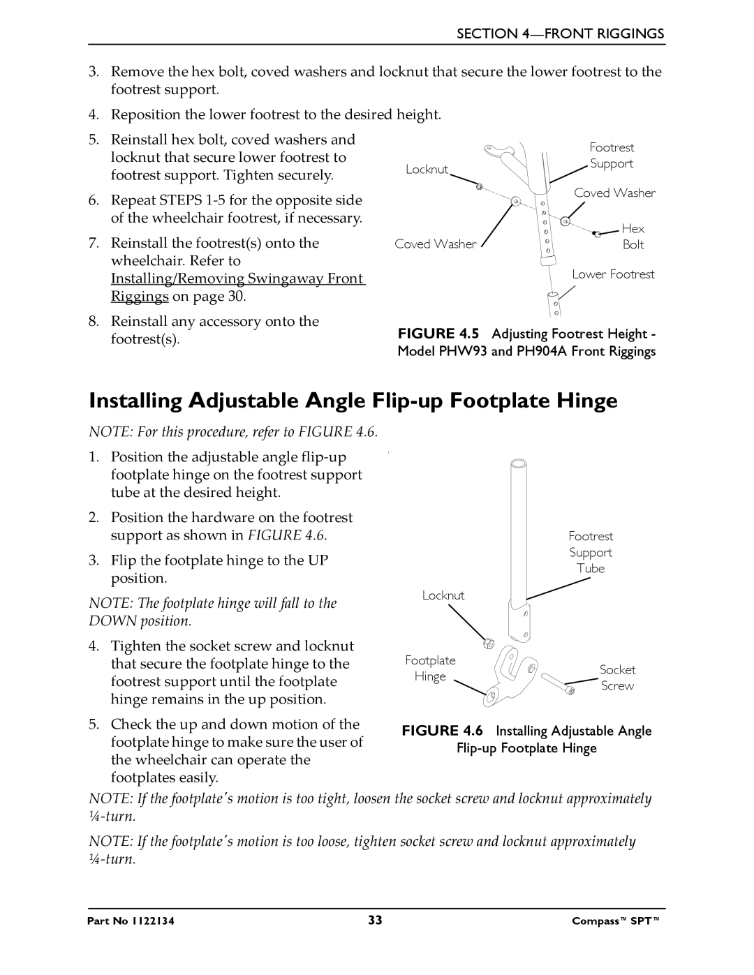 Invacare PHW93, PH904A manual Installing Adjustable Angle Flip-up Footplate Hinge 