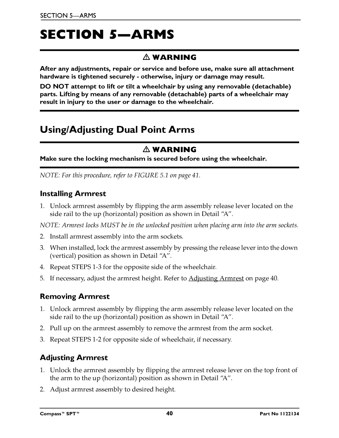 Invacare PH904A, PHW93 manual Using/Adjusting Dual Point Arms, Installing Armrest, Removing Armrest, Adjusting Armrest 