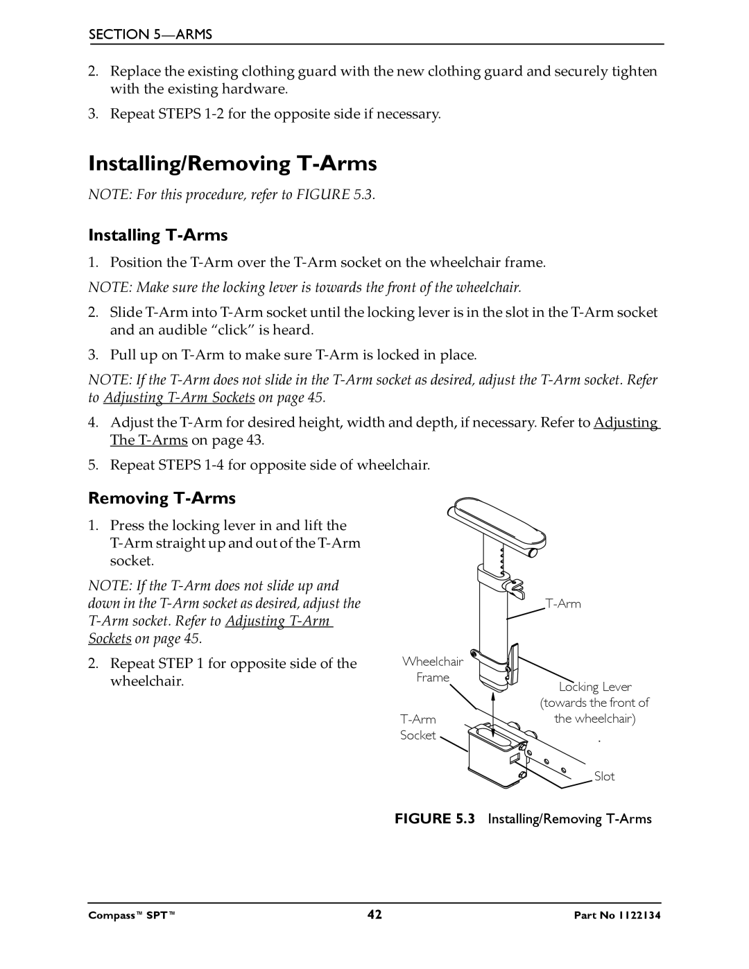 Invacare PH904A, PHW93 manual Installing/Removing T-Arms, Installing T-Arms 