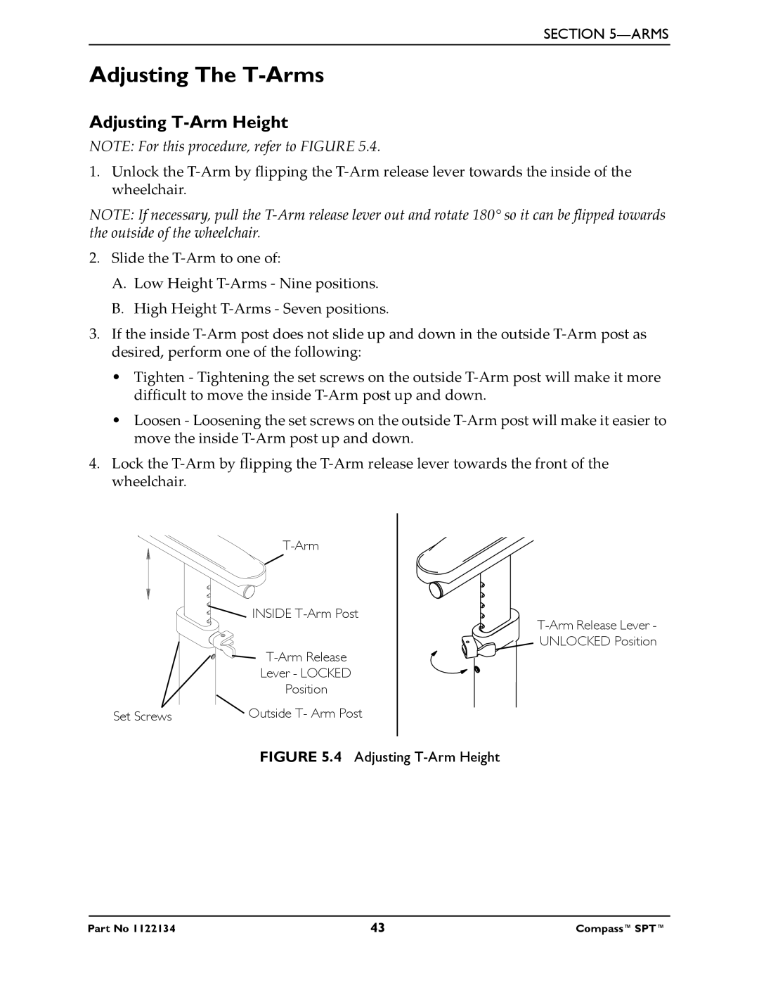 Invacare PHW93, PH904A manual Adjusting The T-Arms, Adjusting T-Arm Height 