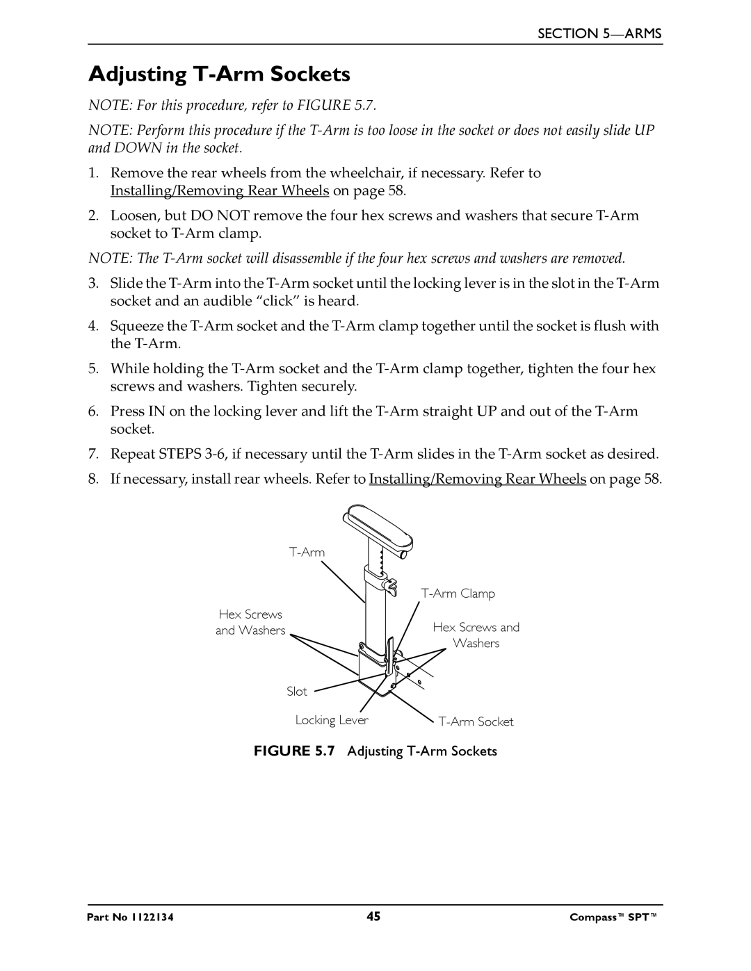 Invacare PHW93, PH904A manual Adjusting T-Arm Sockets 