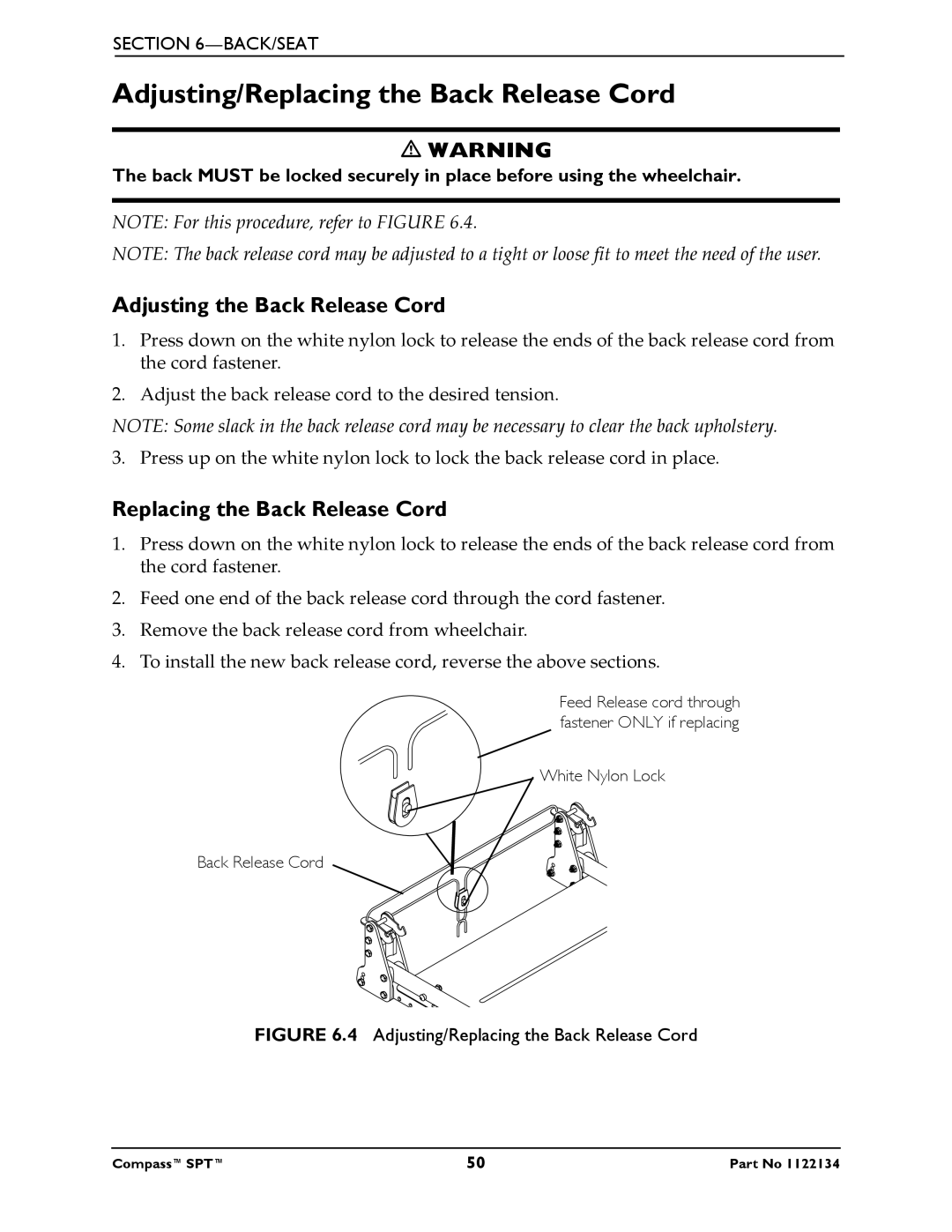 Invacare PH904A, PHW93 manual Adjusting/Replacing the Back Release Cord, Adjusting the Back Release Cord 