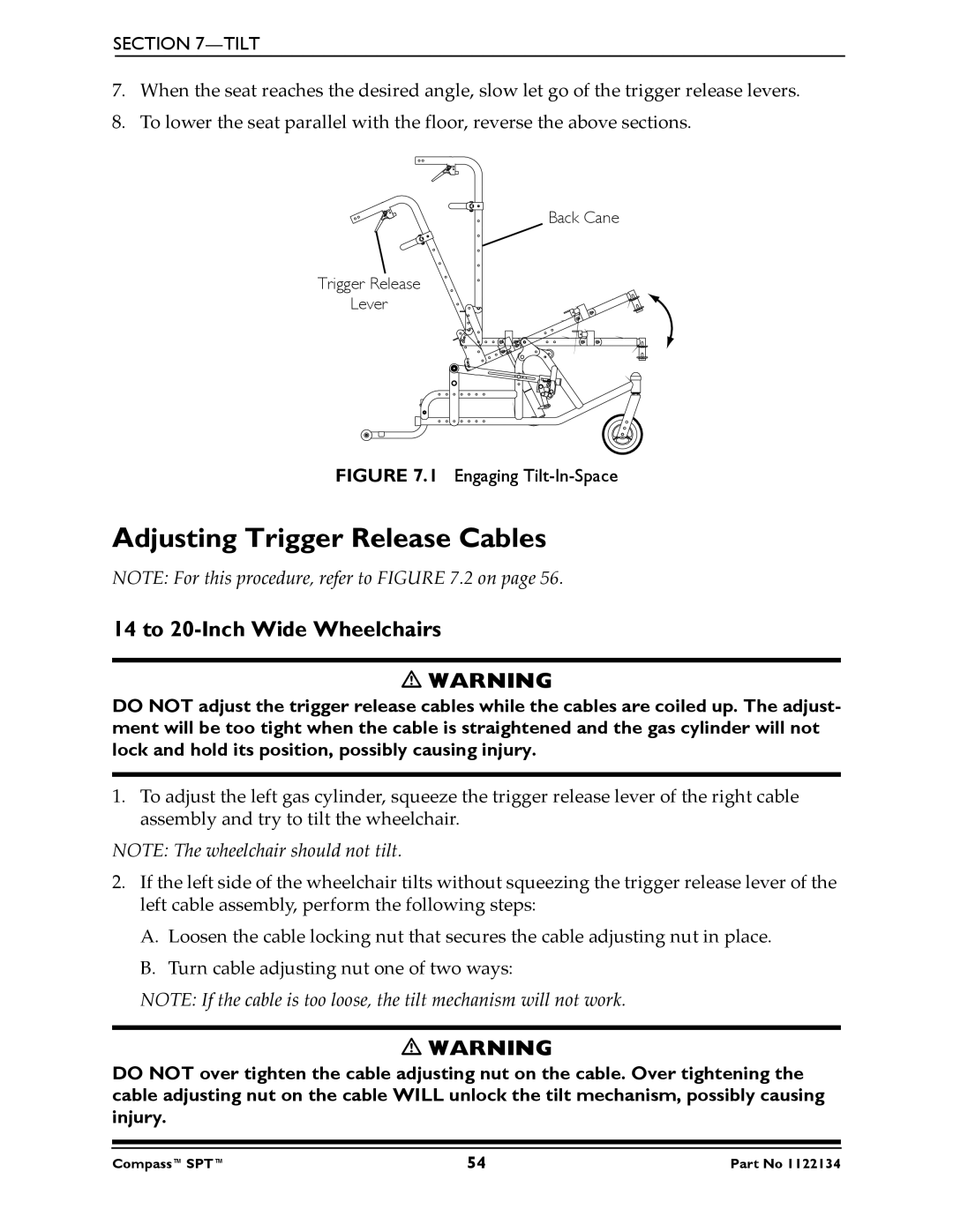 Invacare PH904A, PHW93 manual Adjusting Trigger Release Cables, 14 to 20-Inch Wide Wheelchairs 